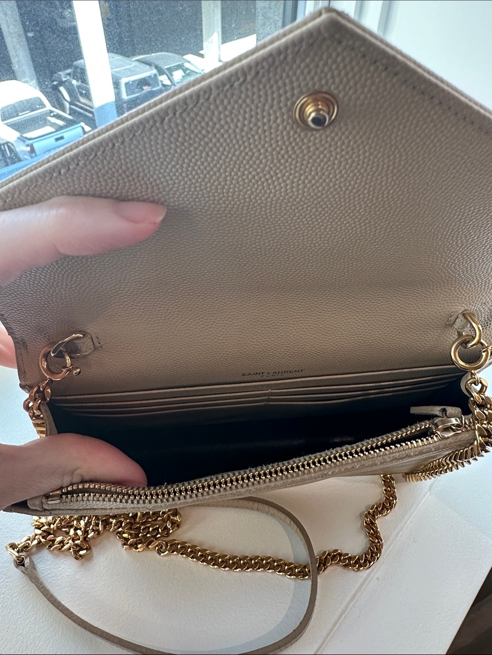 Saint Laurent Beige Chevron Quilted Chain Wallet - Picture 5 of 5